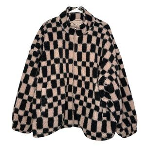 A New Day Women's Tan & Black Checkered Teddy Fleece Zip-Up Jacket Size 1X